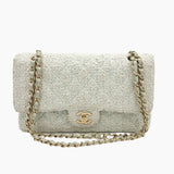 Hvid/mintgrøn Tweed classic flap bag medium taske fra brand: CHANEL - We Do Vintage